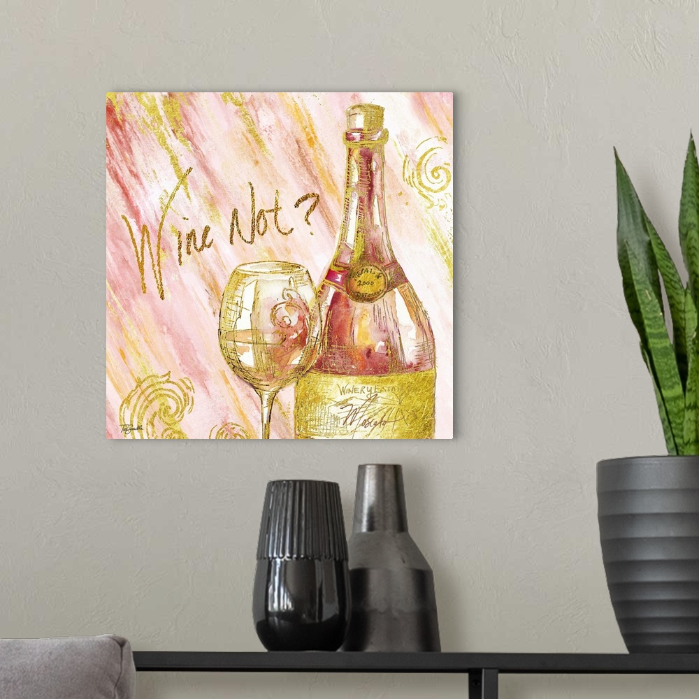 A modern room featuring Decorative artwork of a wine bottle and glass against pink and gold streaks and the text "Wine No...