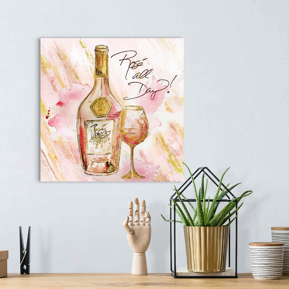 A bohemian room featuring Decorative artwork of a wine bottle and glass against pink and gold streaks and the text "Rose Al...