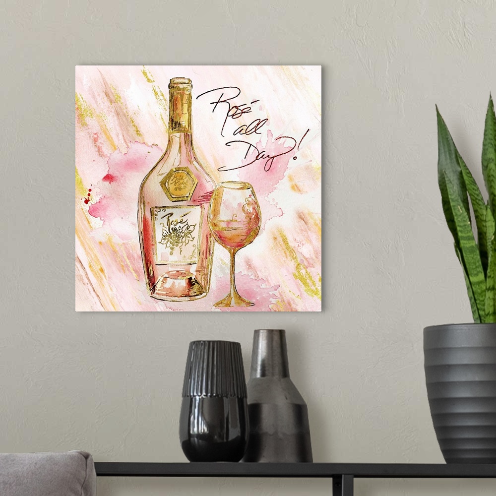 A modern room featuring Decorative artwork of a wine bottle and glass against pink and gold streaks and the text "Rose Al...