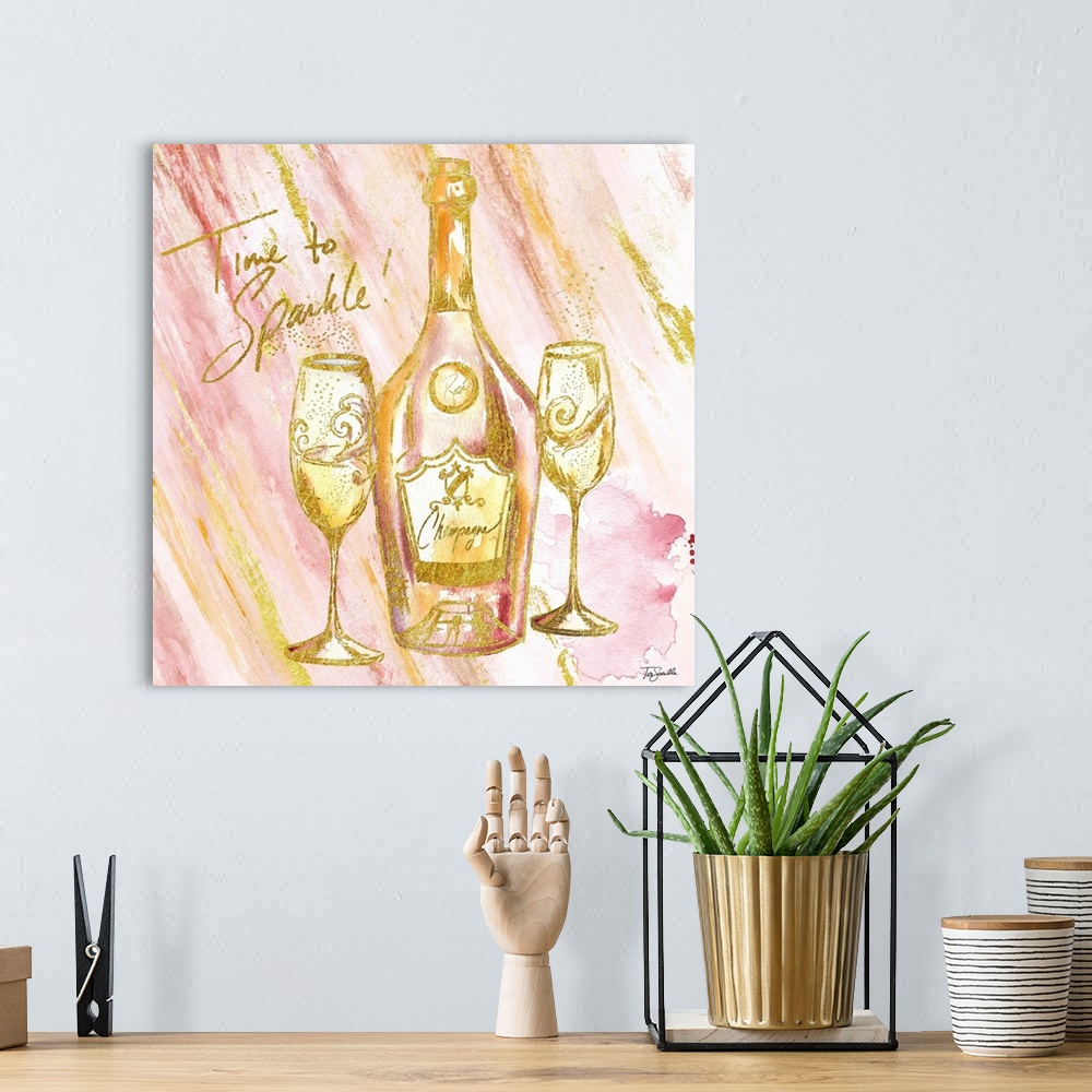 A bohemian room featuring Decorative artwork of a champagne bottle and glasses against pink and gold streaks and the text "...