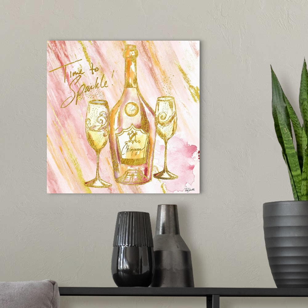 A modern room featuring Decorative artwork of a champagne bottle and glasses against pink and gold streaks and the text "...