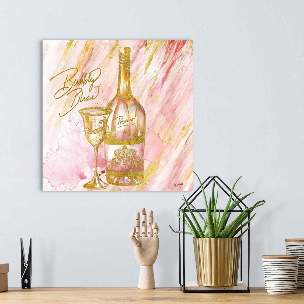 A bohemian room featuring Decorative artwork of a champagne bottle and glass against pink and gold streaks and the text "Bu...