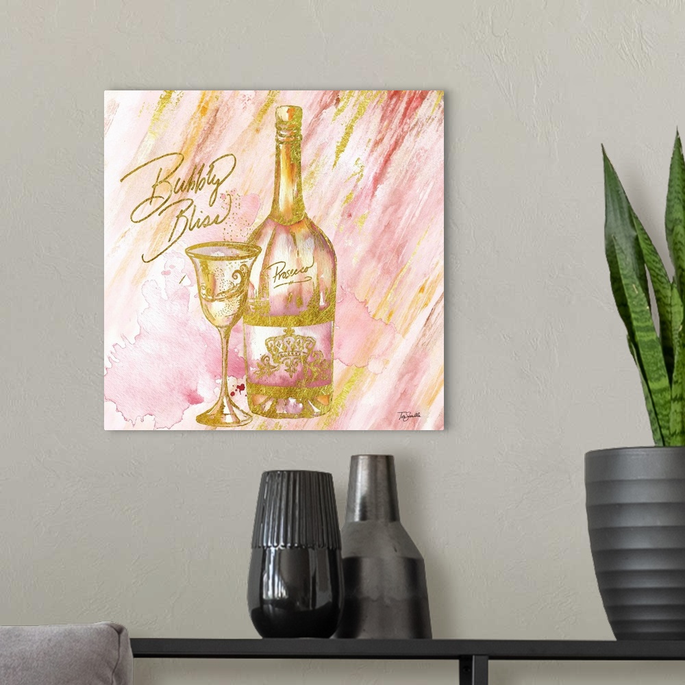 A modern room featuring Decorative artwork of a champagne bottle and glass against pink and gold streaks and the text "Bu...