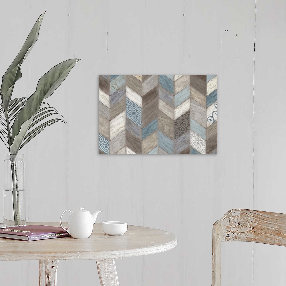 A farmhouse room featuring Artwork of multi-colored wood shapes making a chevron design featuring a floral pattern throughout.
