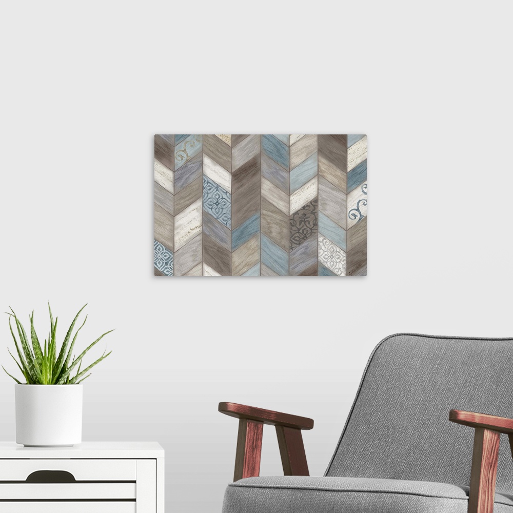 A modern room featuring Artwork of multi-colored wood shapes making a chevron design featuring a floral pattern throughout.