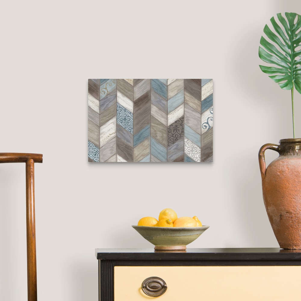 A traditional room featuring Artwork of multi-colored wood shapes making a chevron design featuring a floral pattern throughout.