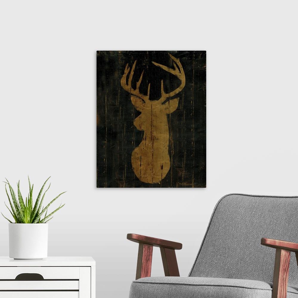 A modern room featuring A rustic decorative image of a deer in golden brown with a wood texture.