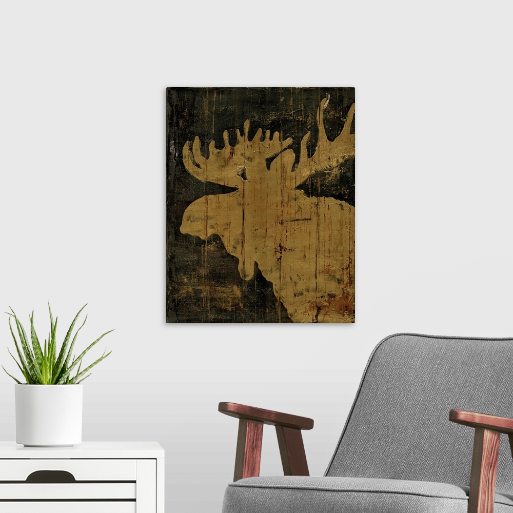 A modern room featuring A rustic decorative image of a moose in golden brown with a wood texture.