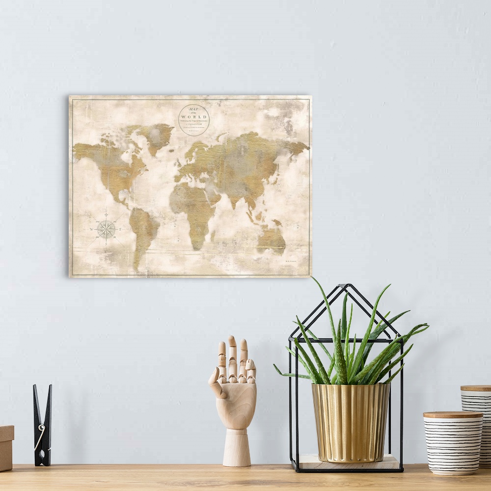 A bohemian room featuring A world map design in metallic gold with a distressed overlay.