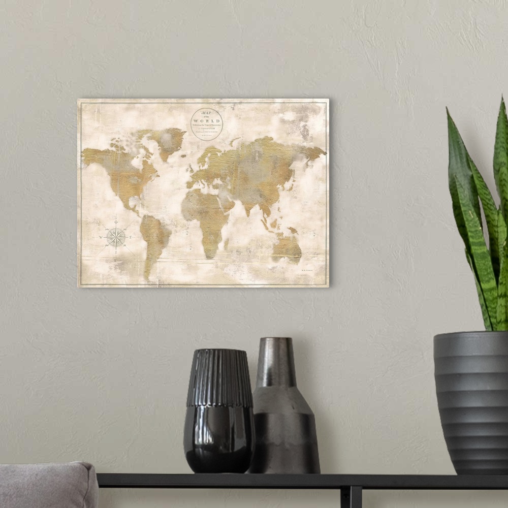 A modern room featuring A world map design in metallic gold with a distressed overlay.