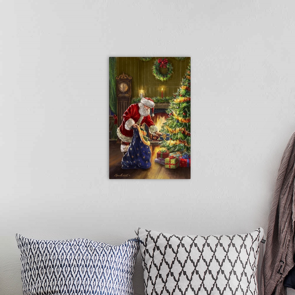 A bohemian room featuring Contemporary painting of Santa placing gifts on a Christmas tree from his blue sack with a fire b...