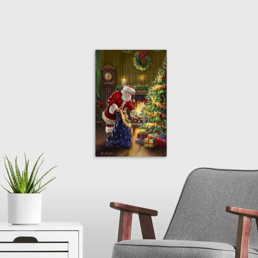 A modern room featuring Contemporary painting of Santa placing gifts on a Christmas tree from his blue sack with a fire b...