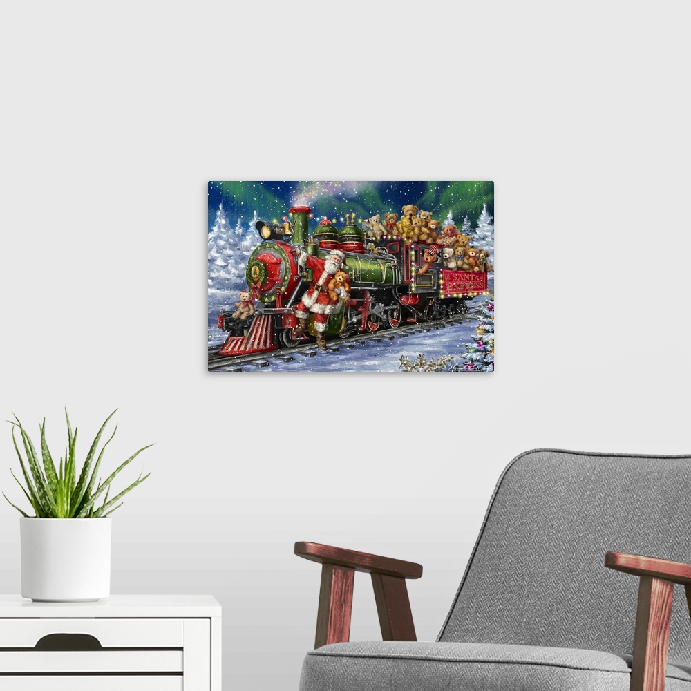A modern room featuring Decorative image of a green and red Santa Express train full of Teddy Bears with Santa riding in ...