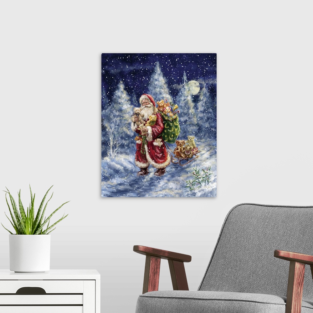 A modern room featuring A traditional painting of Santa pulling a sled of stuffed bear along with his sack during a snow ...