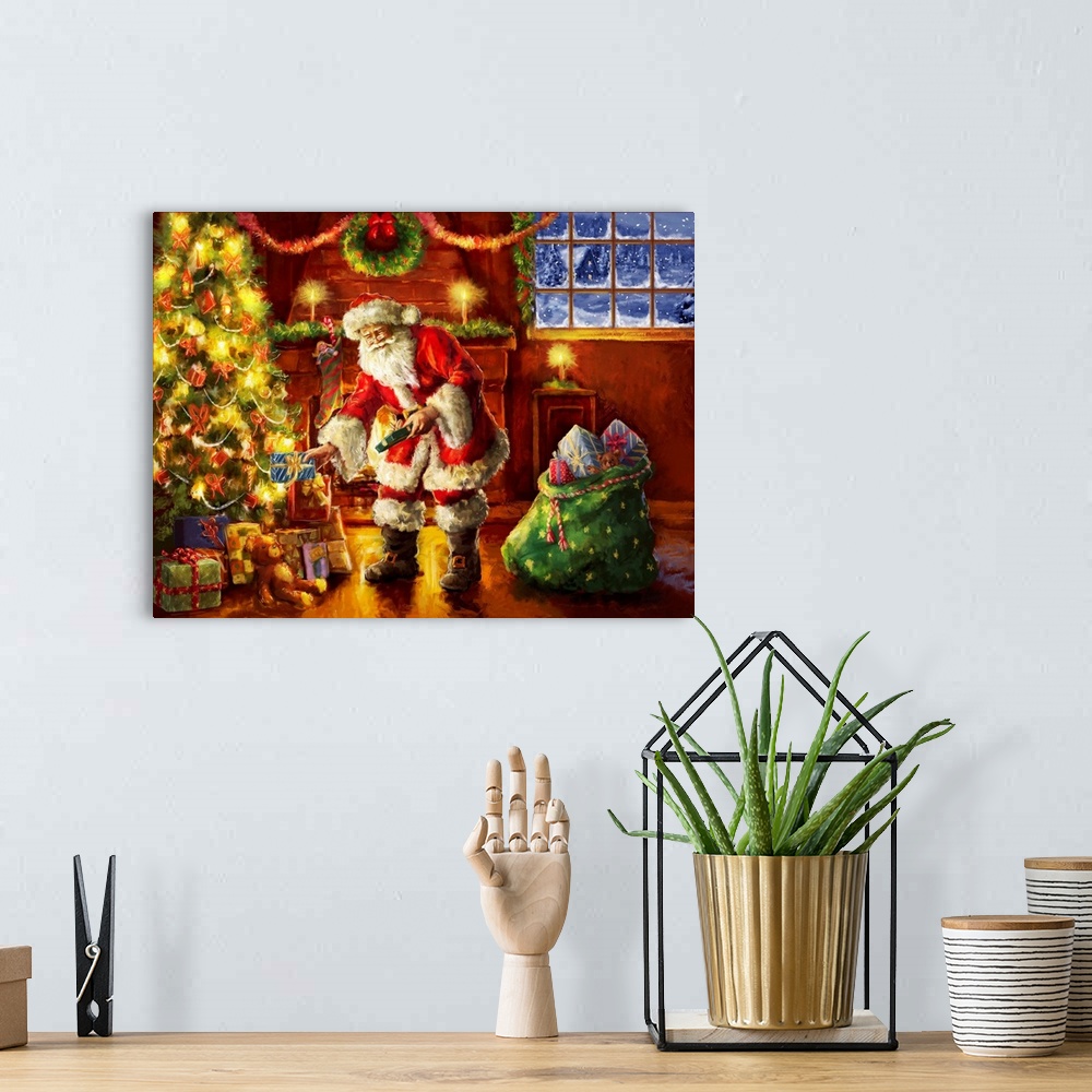 A bohemian room featuring A traditional painting of Santa placing gifts under a Christmas tree in front of a fireplace.