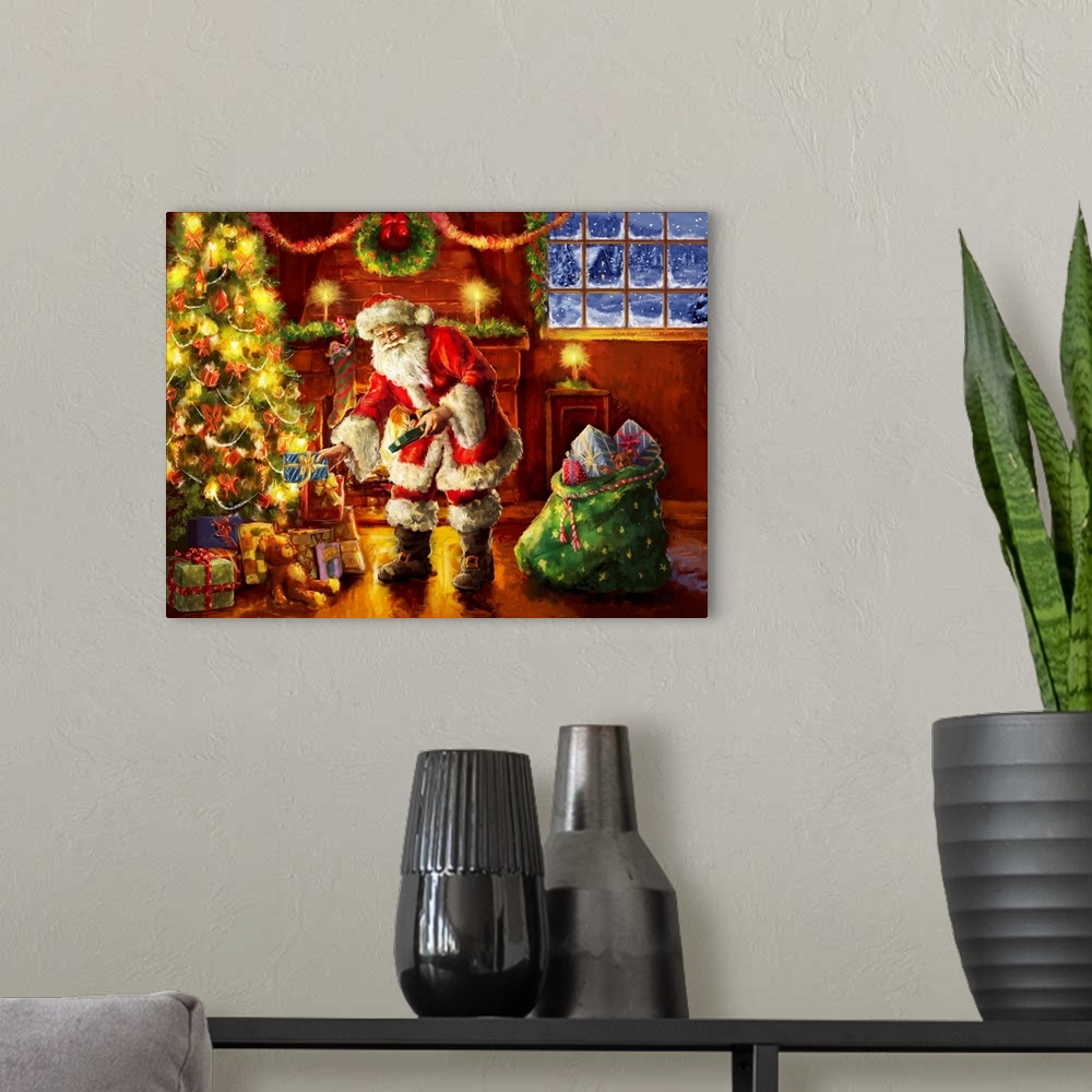 A modern room featuring A traditional painting of Santa placing gifts under a Christmas tree in front of a fireplace.