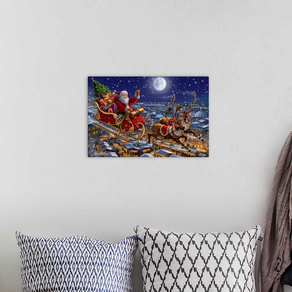 A bohemian room featuring A traditional image of Santa riding his sleigh of reindeer over a town lit up with lights.