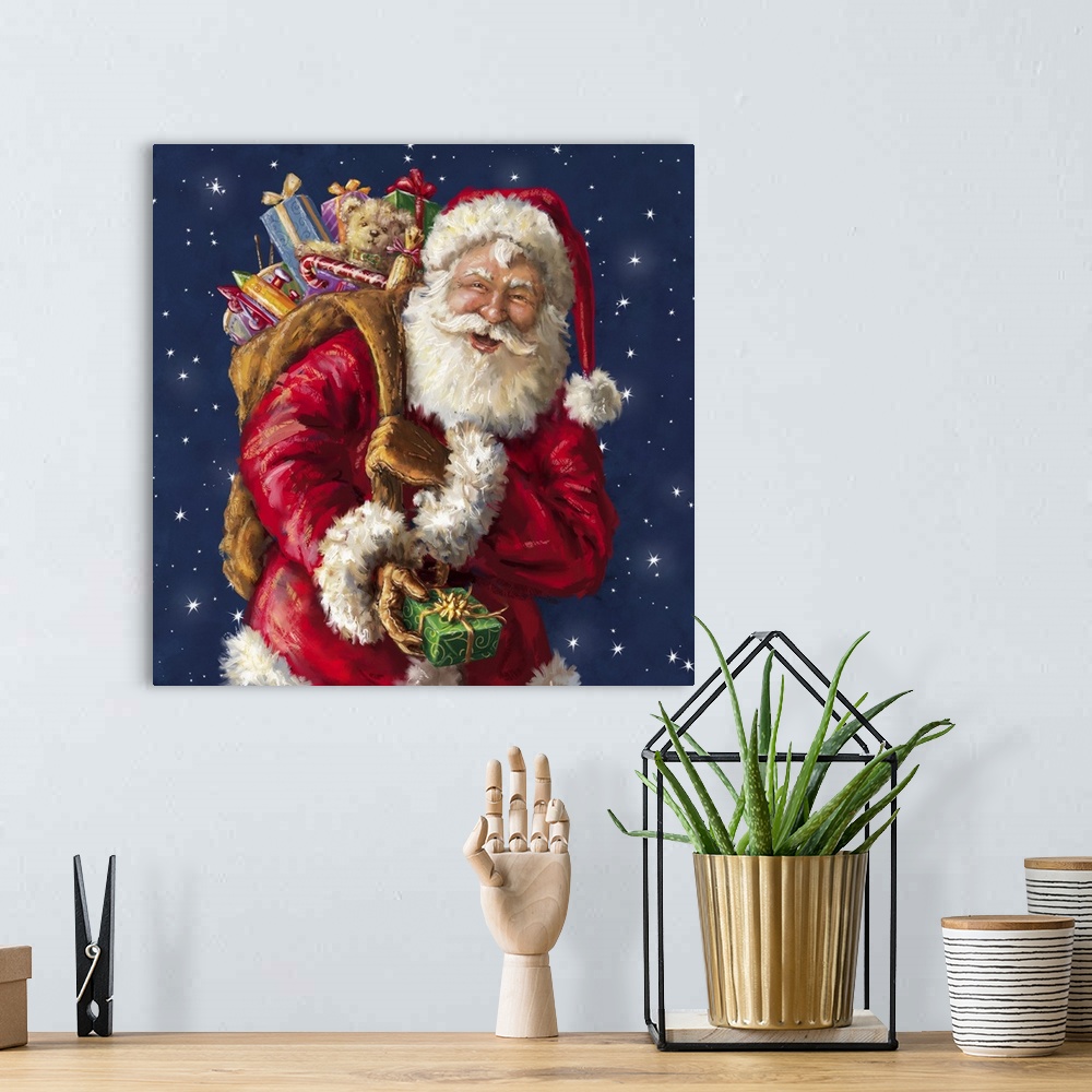 A bohemian room featuring A traditional image of Santa laughing while holding his sack full of gifts with a starry night be...
