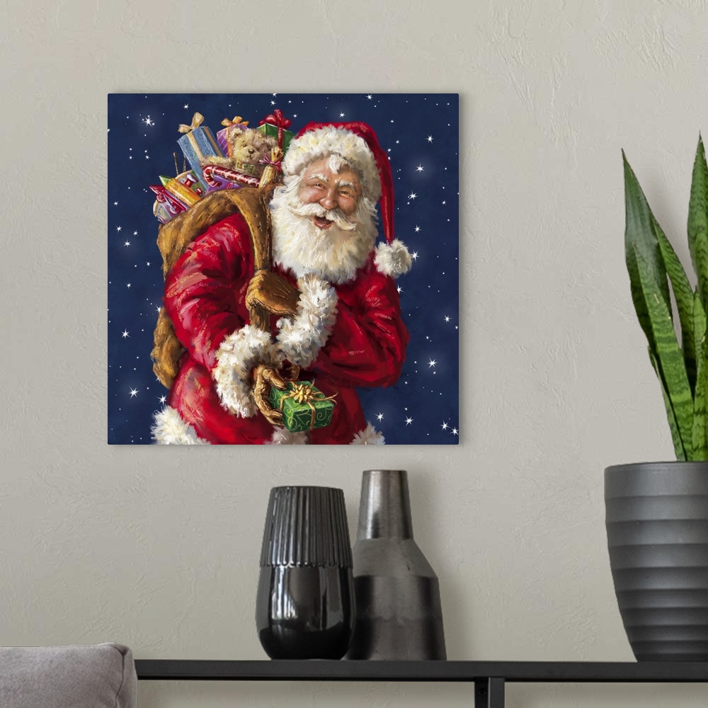 A modern room featuring A traditional image of Santa laughing while holding his sack full of gifts with a starry night be...