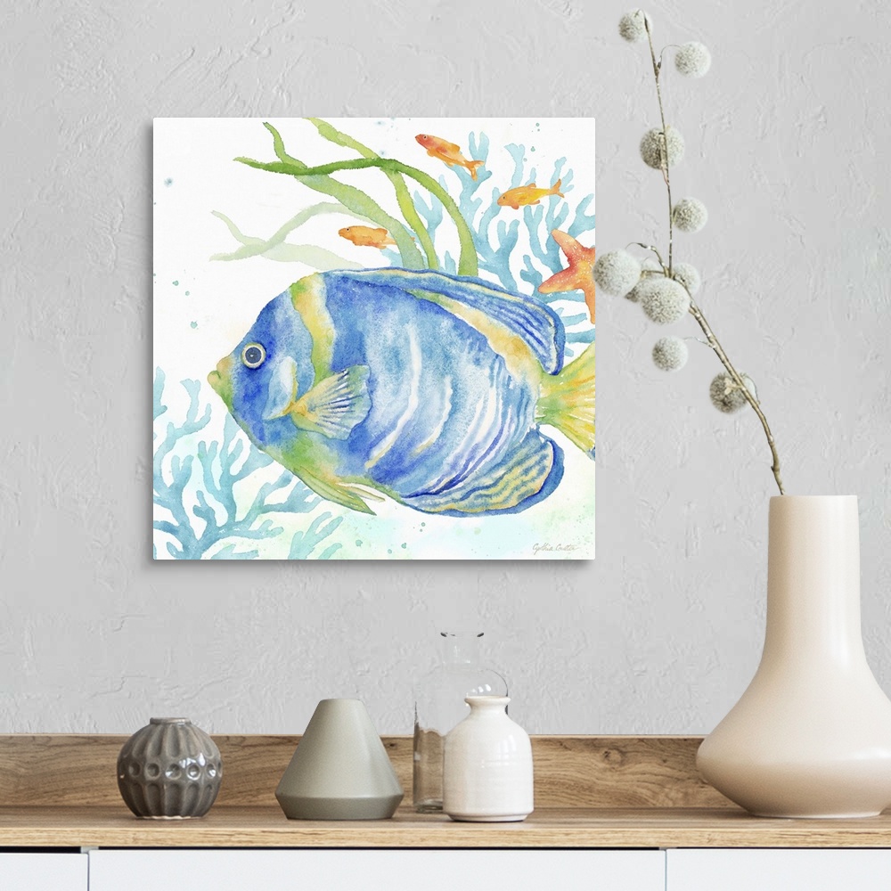 A farmhouse room featuring An artistic watercolor painting of a fish and coral underwater in cool tones of blue and green.