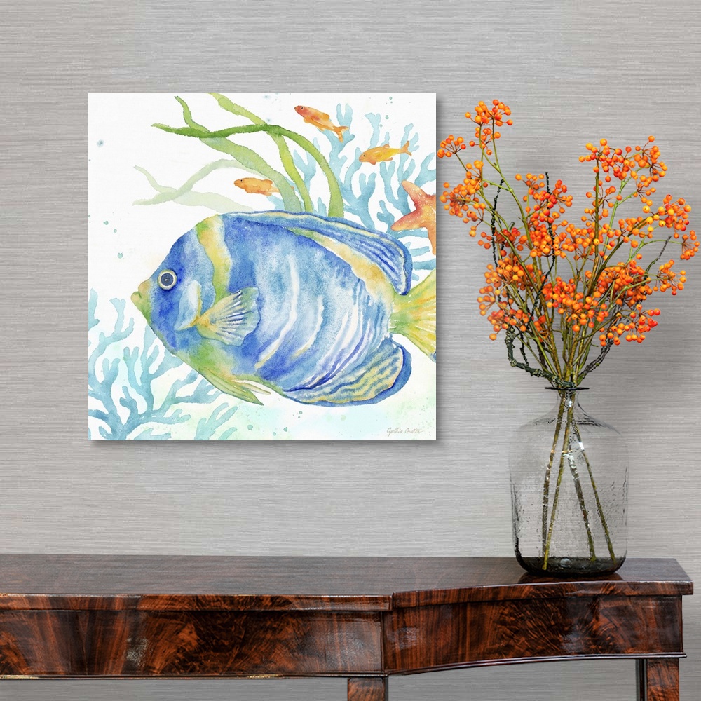 A traditional room featuring An artistic watercolor painting of a fish and coral underwater in cool tones of blue and green.