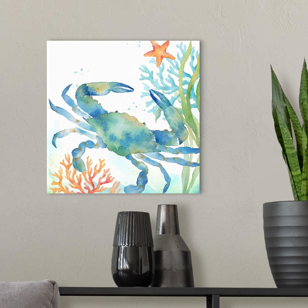 A modern room featuring An artistic watercolor painting of a crab and coral underwater in cool tones of blue and green.