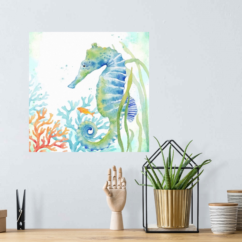 A bohemian room featuring An artistic watercolor painting of a seahorse and coral underwater in cool tones of blue and green.