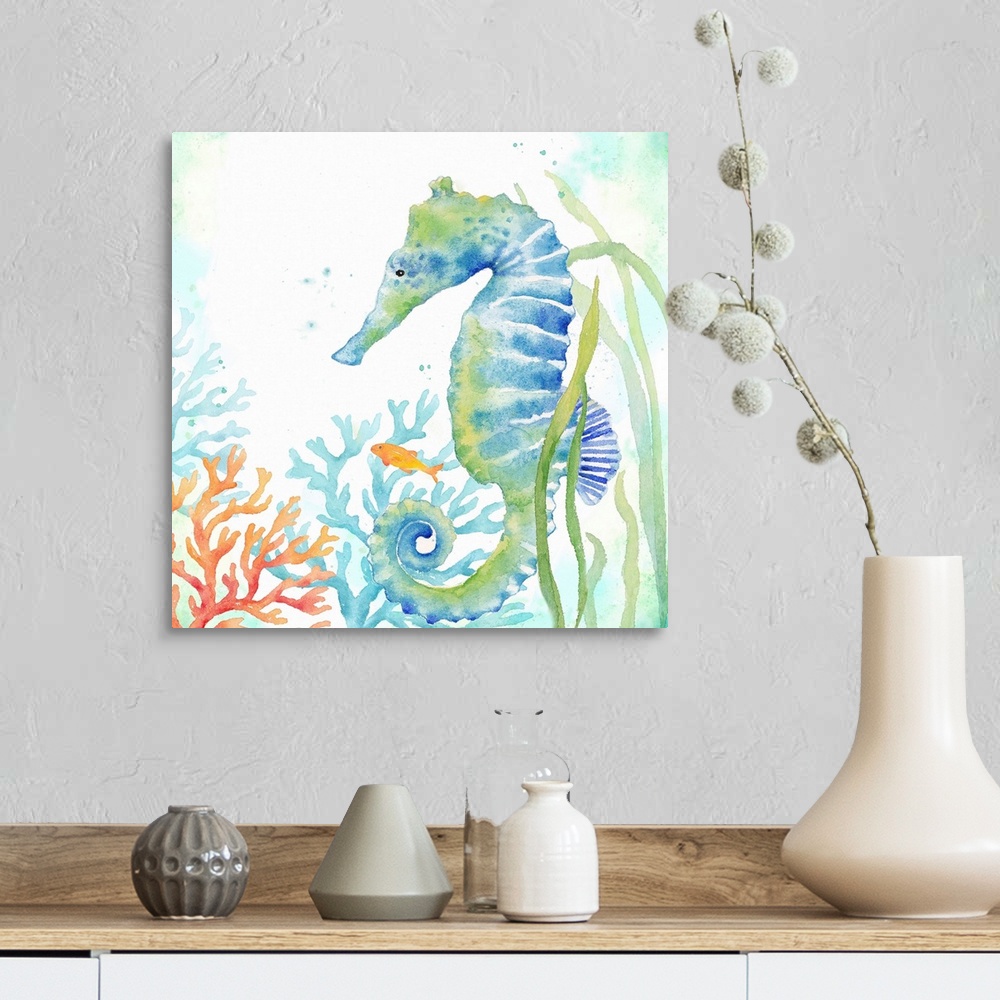 A farmhouse room featuring An artistic watercolor painting of a seahorse and coral underwater in cool tones of blue and green.