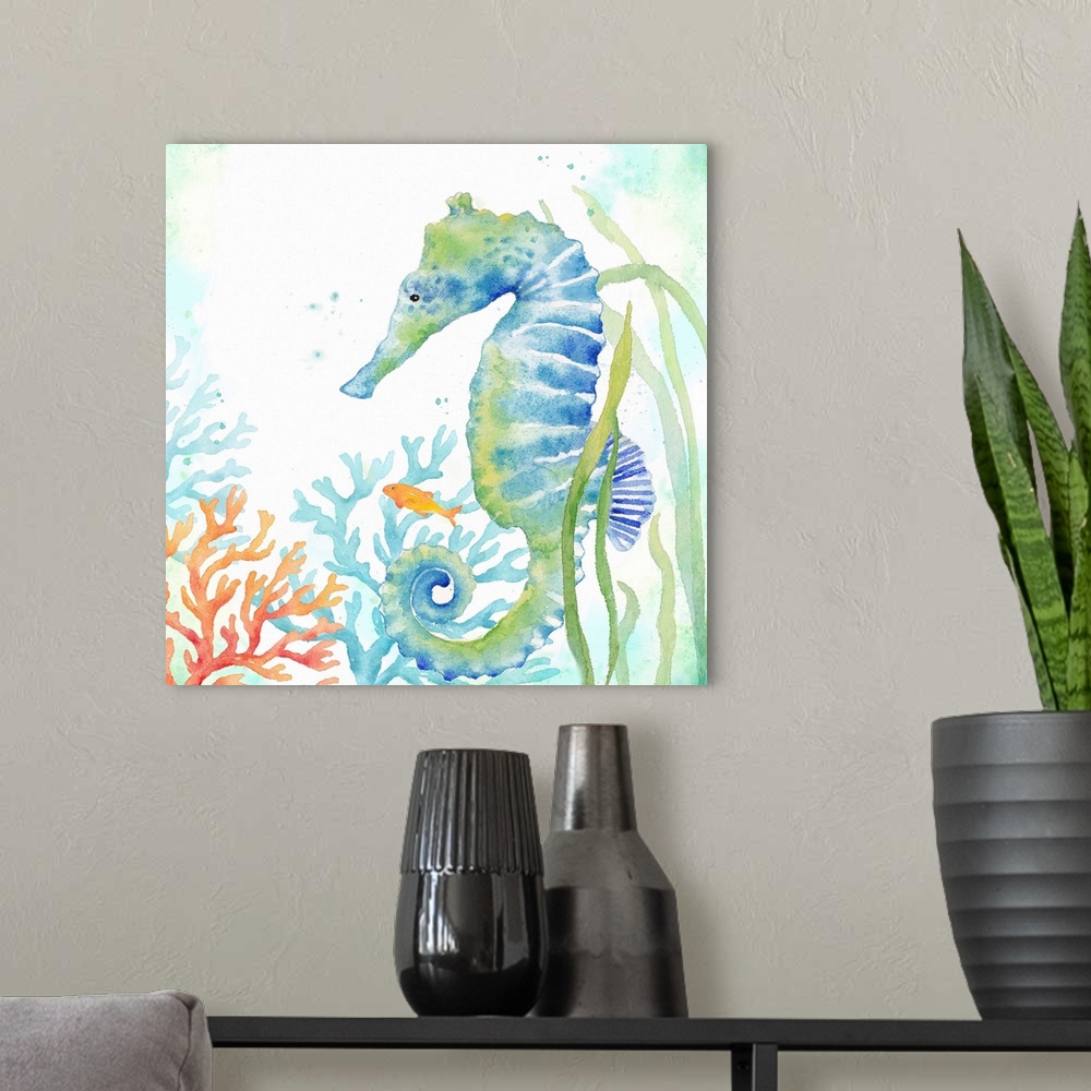 A modern room featuring An artistic watercolor painting of a seahorse and coral underwater in cool tones of blue and green.