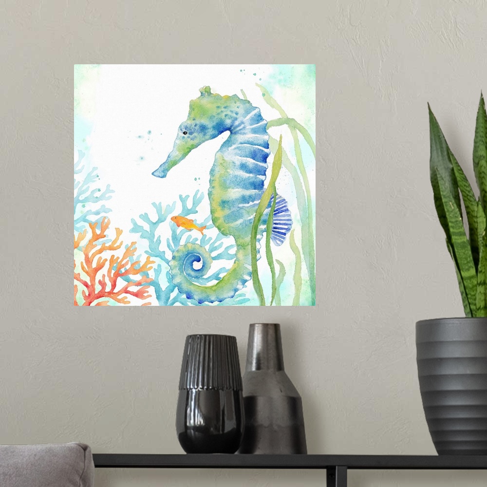 A modern room featuring An artistic watercolor painting of a seahorse and coral underwater in cool tones of blue and green.