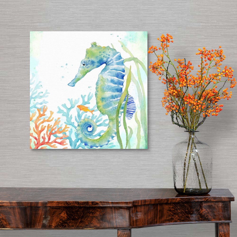 A traditional room featuring An artistic watercolor painting of a seahorse and coral underwater in cool tones of blue and green.