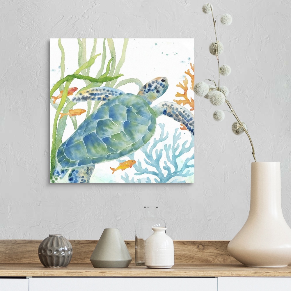 A farmhouse room featuring An artistic watercolor painting of a turtle and coral underwater in cool tones of blue and green.