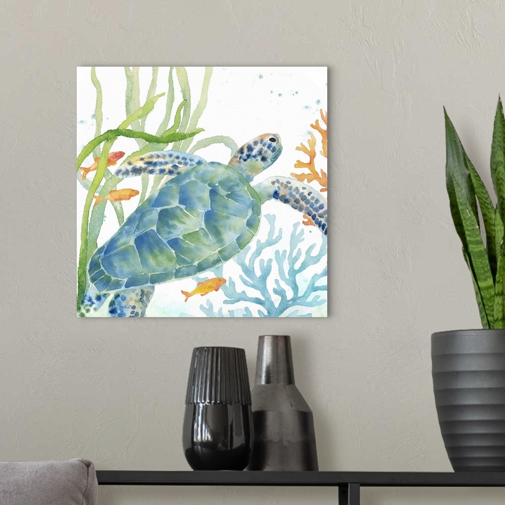 A modern room featuring An artistic watercolor painting of a turtle and coral underwater in cool tones of blue and green.