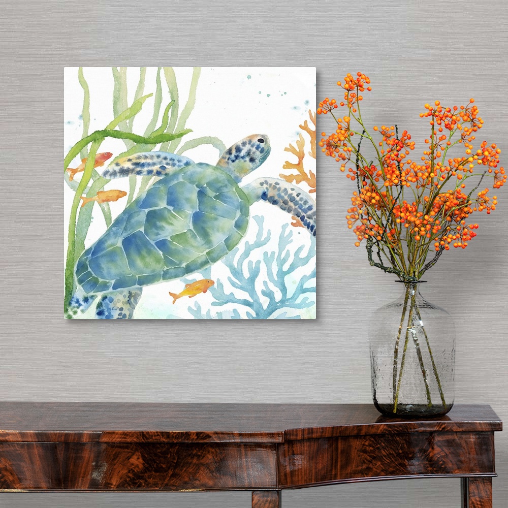 A traditional room featuring An artistic watercolor painting of a turtle and coral underwater in cool tones of blue and green.