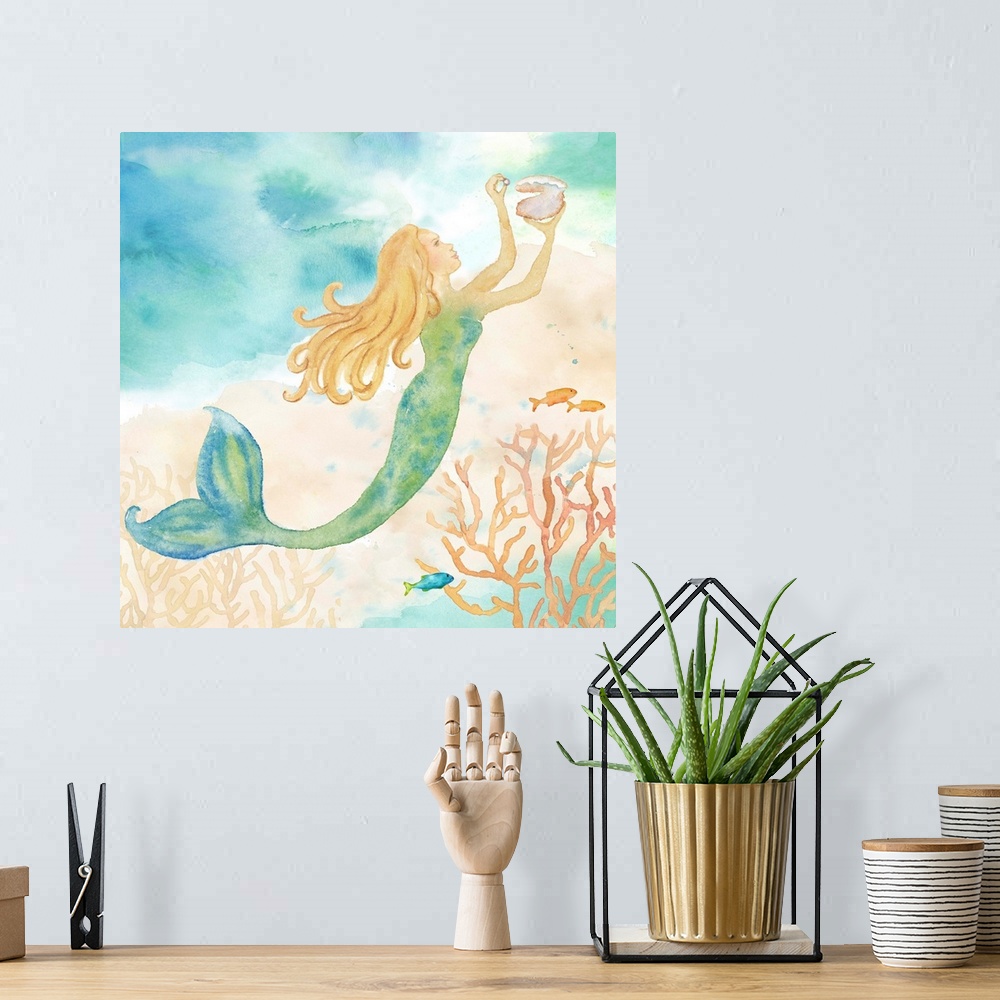 A bohemian room featuring A watercolor image of a mermaid holding a shell.