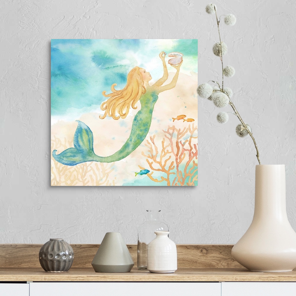 A farmhouse room featuring A watercolor image of a mermaid holding a shell.