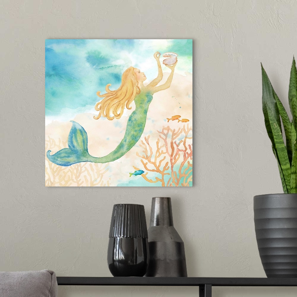 A modern room featuring A watercolor image of a mermaid holding a shell.