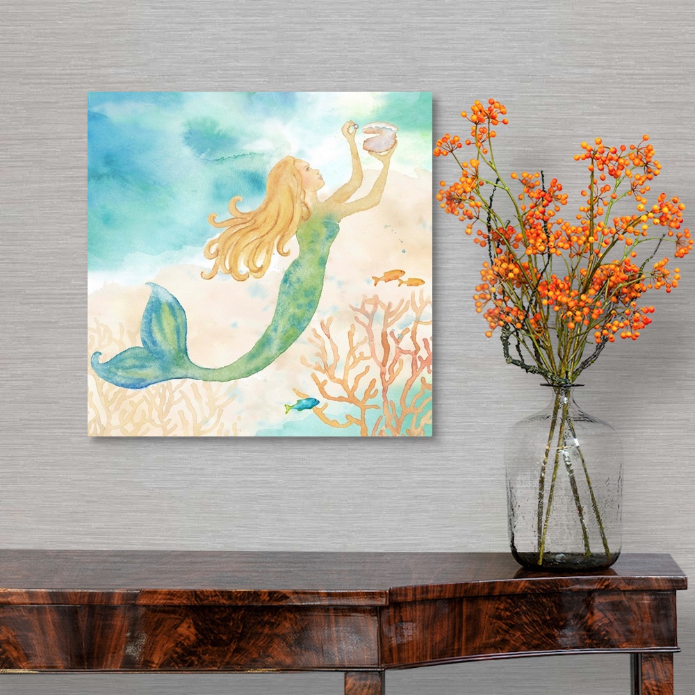 A traditional room featuring A watercolor image of a mermaid holding a shell.