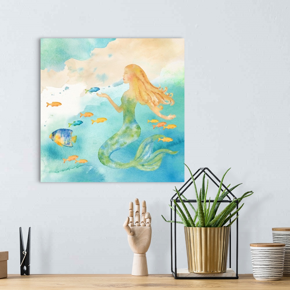 A bohemian room featuring A watercolor image of a mermaid among colorful fish.