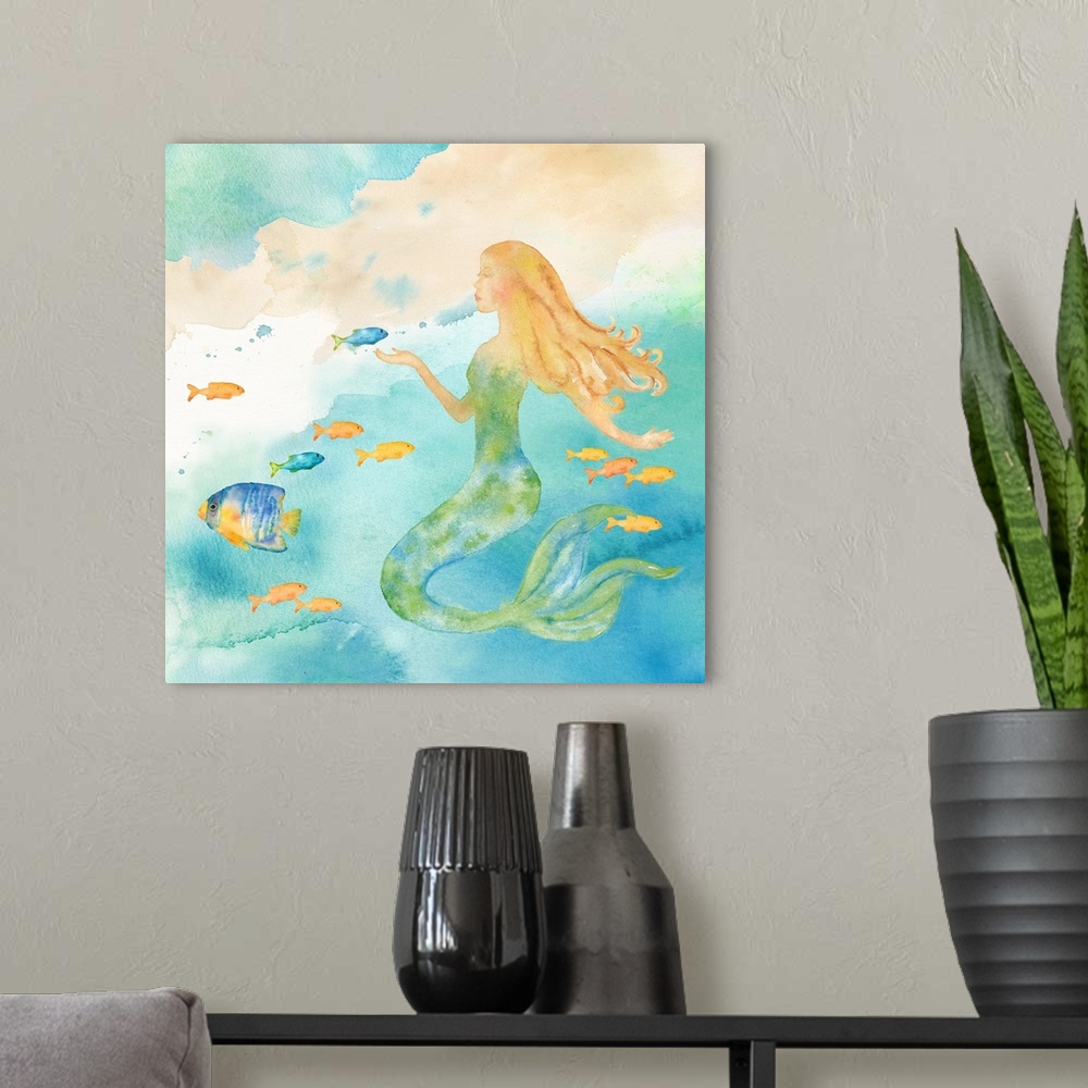 A modern room featuring A watercolor image of a mermaid among colorful fish.