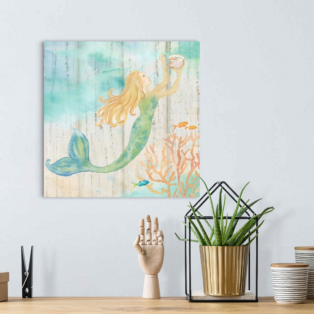 A bohemian room featuring A watercolor image of a mermaid holding a shell with a wood plank appearance.
