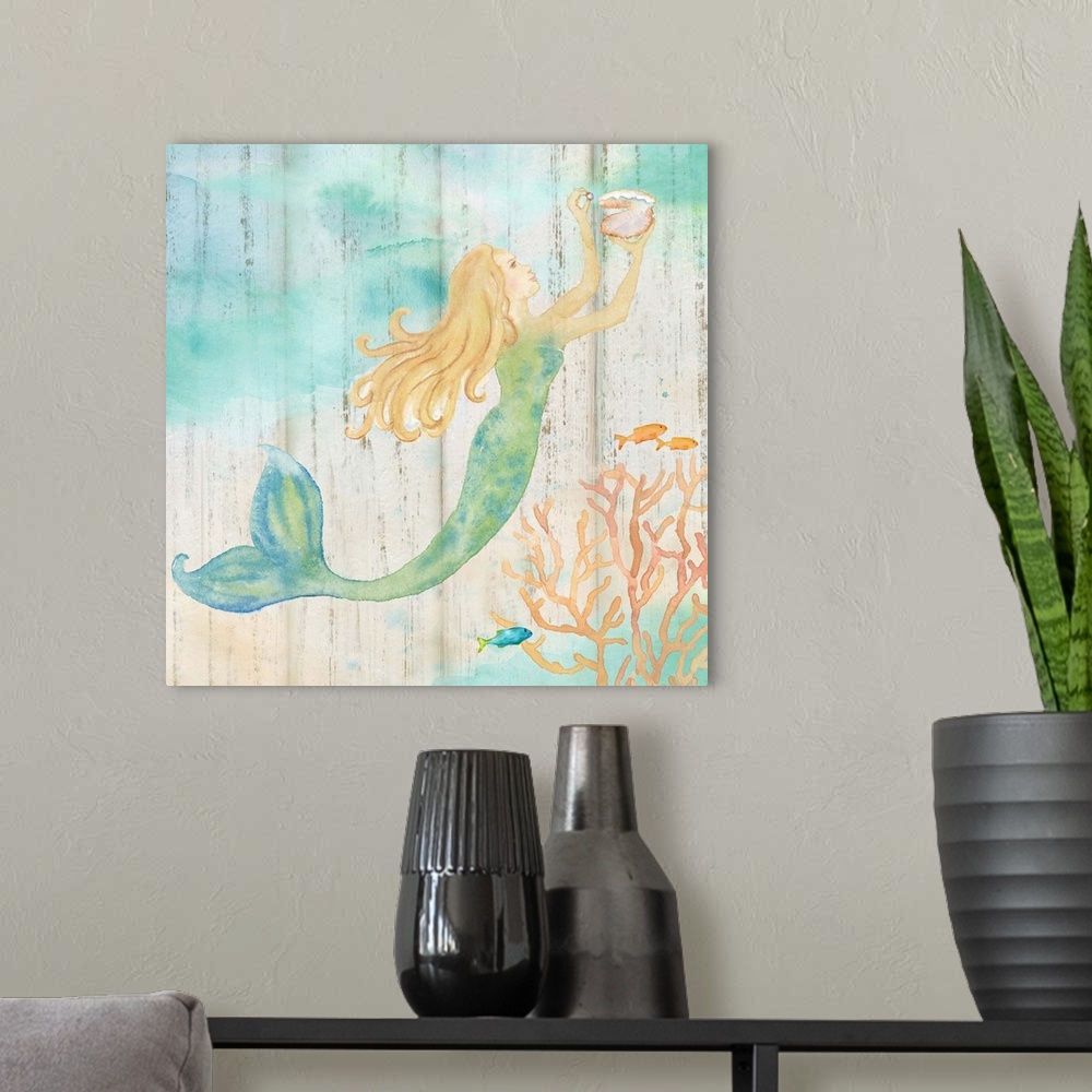 A modern room featuring A watercolor image of a mermaid holding a shell with a wood plank appearance.