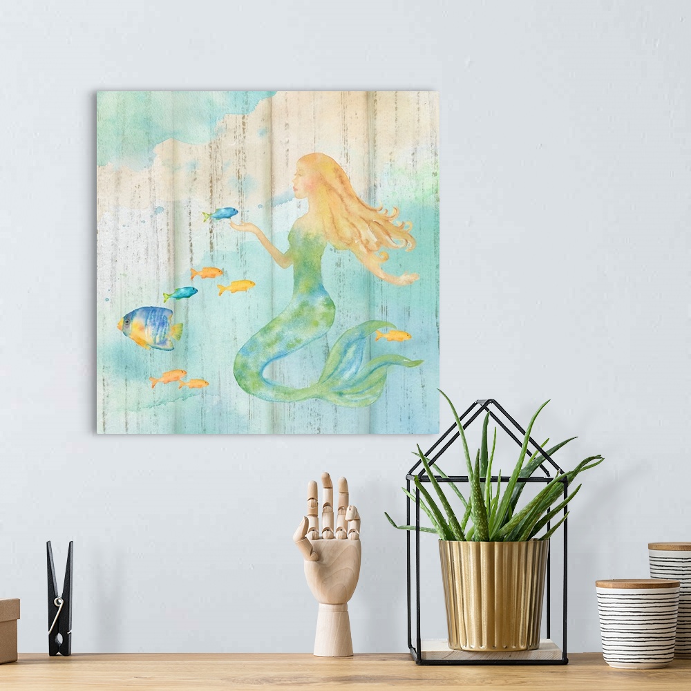 A bohemian room featuring A watercolor image of a mermaid among colorful fish with a wood plank appearance.