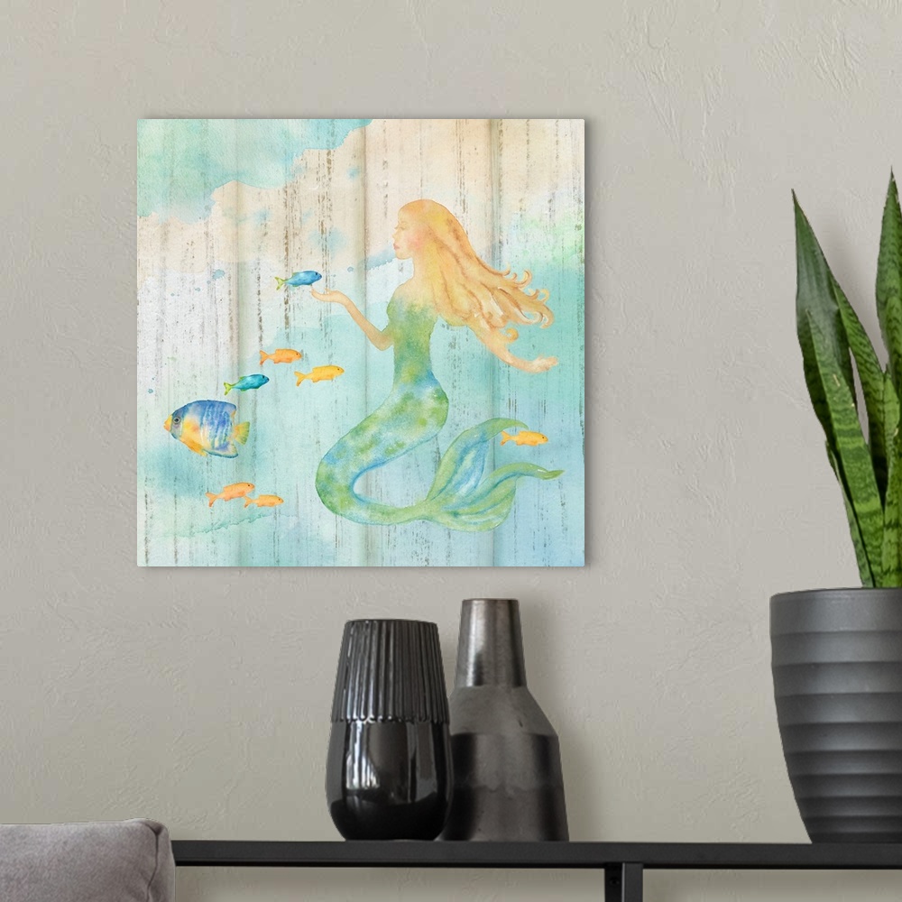 A modern room featuring A watercolor image of a mermaid among colorful fish with a wood plank appearance.