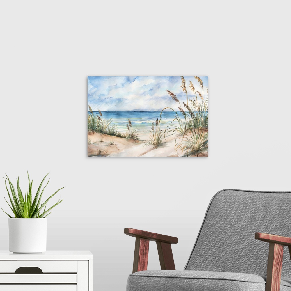 A modern room featuring A contemporary watercolor painting of grass cover sand dunes on a beach with a blue sky above.