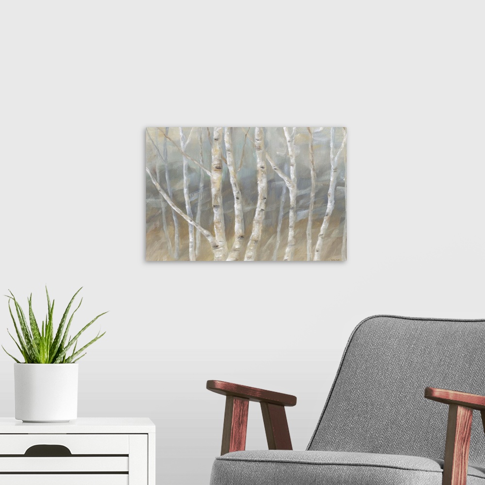 A modern room featuring Contemporary painting of a forest of birch trees with a gray and brown backdrop.