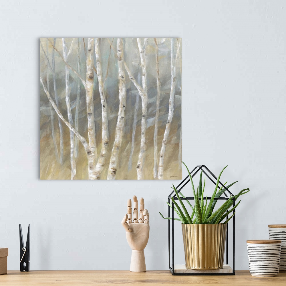 A bohemian room featuring Contemporary painting of a forest of birch trees with a gray and brown backdrop.