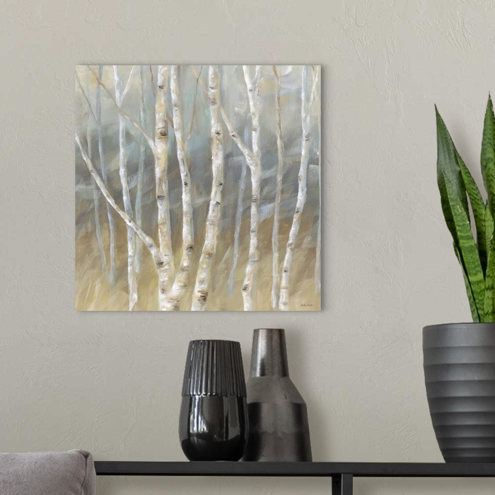 A modern room featuring Contemporary painting of a forest of birch trees with a gray and brown backdrop.