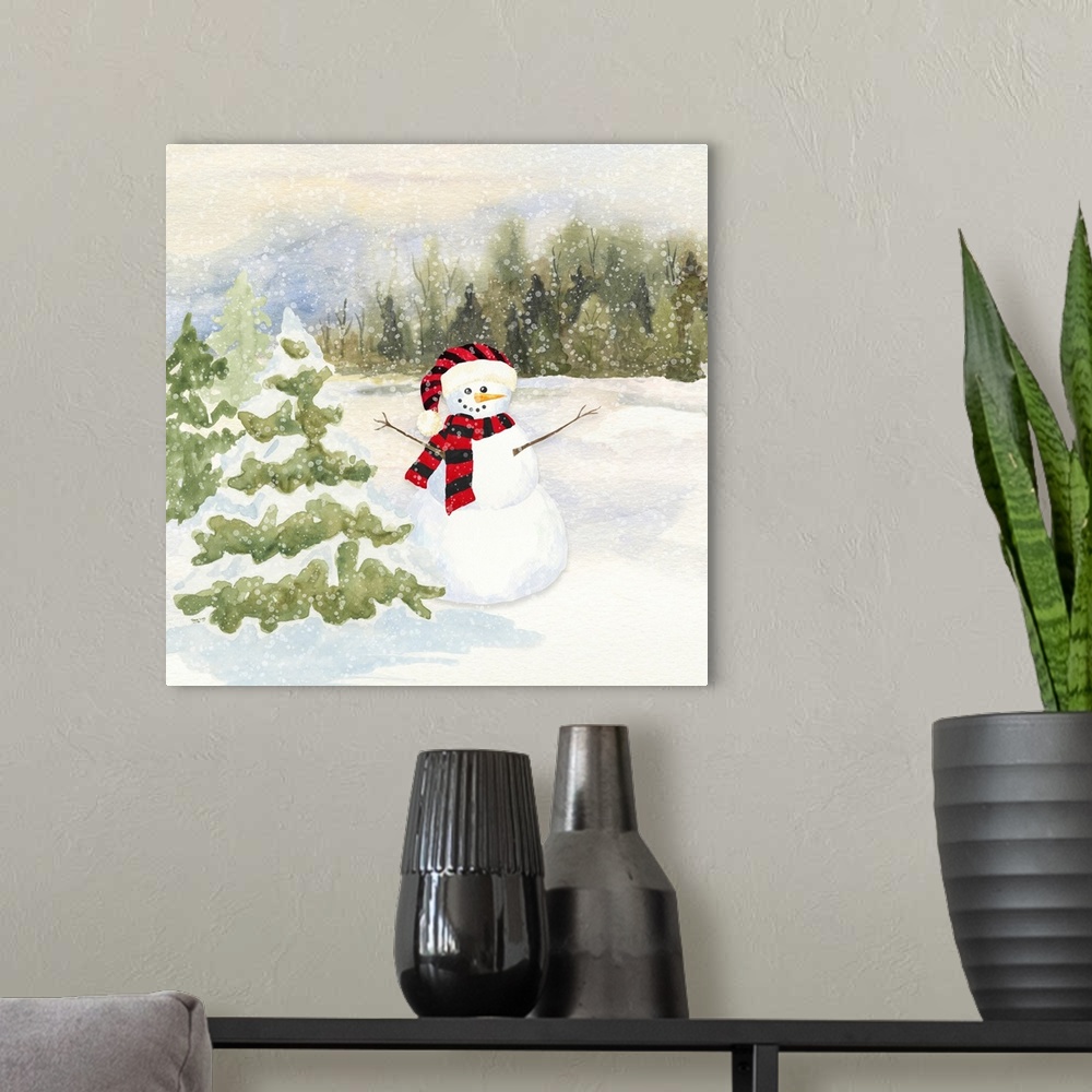 A modern room featuring Snowman Wonderland II Red Black Santa Hat