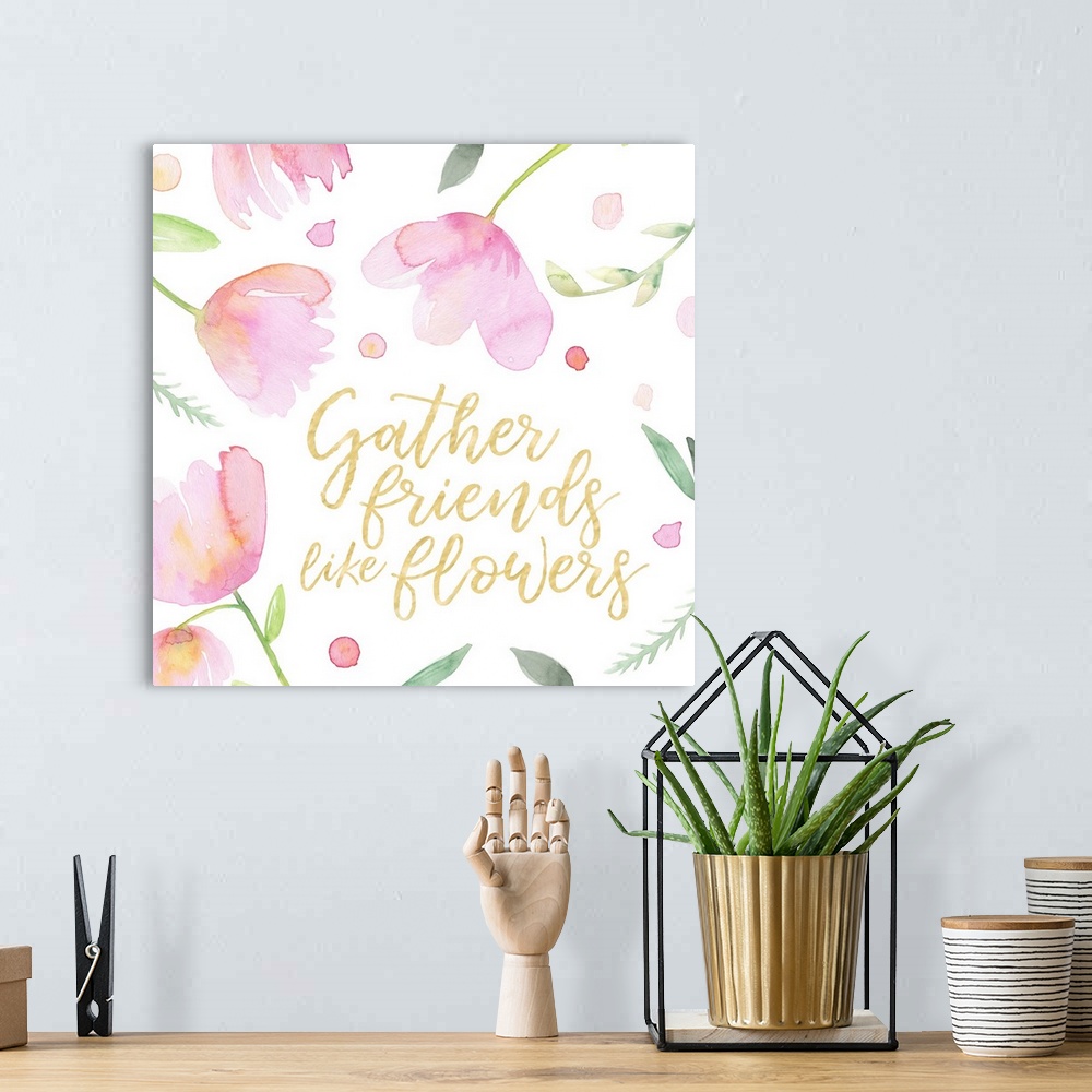 A bohemian room featuring "Gather friends like flowers" in gold with pink tulips.